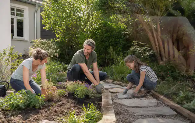 Familie geht auf einem Weg durch einen abwechslungsreich gestalteten Garten; Thema Vorgarten, Schwerpunkt Kosten; Umsetzung.