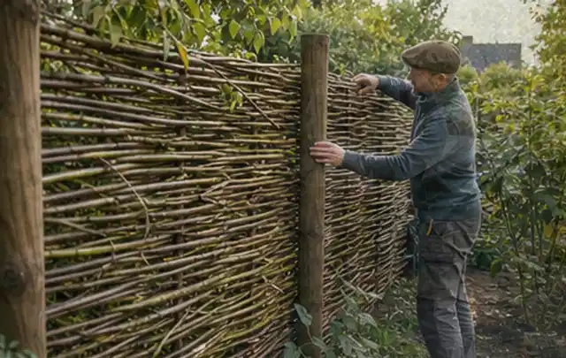 Person befestigt geflochtene Weidenruten an stabilen Holzpfosten im Garten; Thema Vorgarten, Schwerpunkt Kosten; Kontrolle.