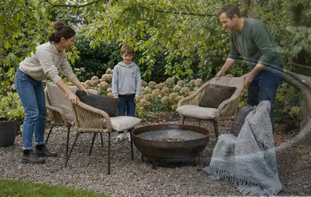 Familie stellt wetterfeste Sessel an einem geschützten Sitzplatz im Garten auf; Thema Vorgarten, Schwerpunkt Kosten; Ergebnis.