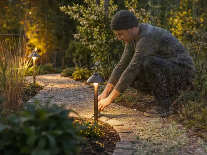 Person richtet eine niedrige warm leuchtende Gartenlampe am Kiesweg aus; Thema Vorgarten, Schwerpunkt Materialwahl; Titelbild.