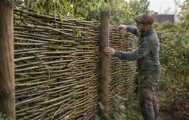 Person befestigt geflochtene Weidenruten an stabilen Holzpfosten im Garten; Thema Vorgarten, Schwerpunkt Materialwahl; Umsetzung.
