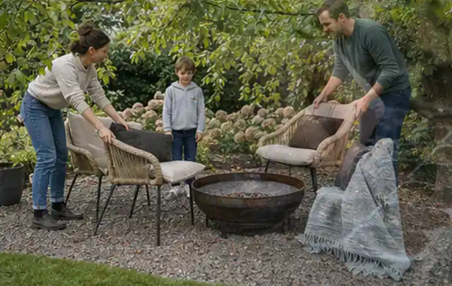 Familie stellt wetterfeste Sessel an einem geschützten Sitzplatz im Garten auf; Thema Vorgarten, Schwerpunkt Materialwahl; Kontrolle.