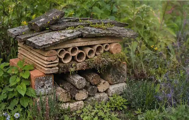 Naturnaher Unterschlupf aus Holz Rinde und Pflanzenstängeln im Garten; Thema Vorgarten, Schwerpunkt Materialwahl; Praxisalltag.