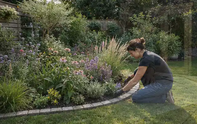 Person pflegt die klare Kante eines geschwungenen blühenden Staudenbeets; Thema Vorgarten, Schwerpunkt Naturgarten; Ergebnis.