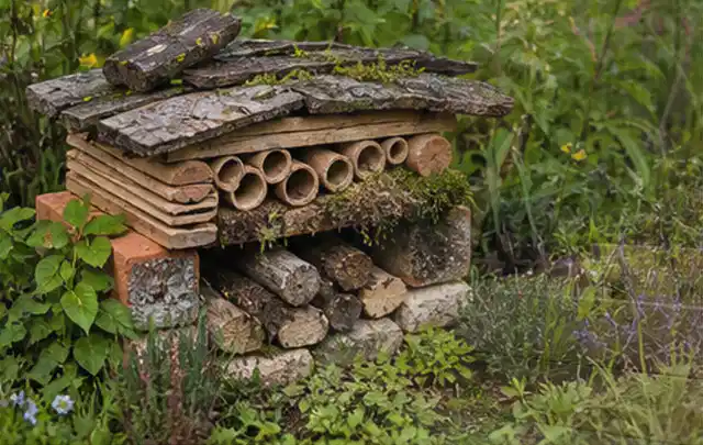 Naturnaher Unterschlupf aus Holz Rinde und Pflanzenstängeln im Garten; Thema Vorgarten, Schwerpunkt Naturgarten; Praxisalltag.
