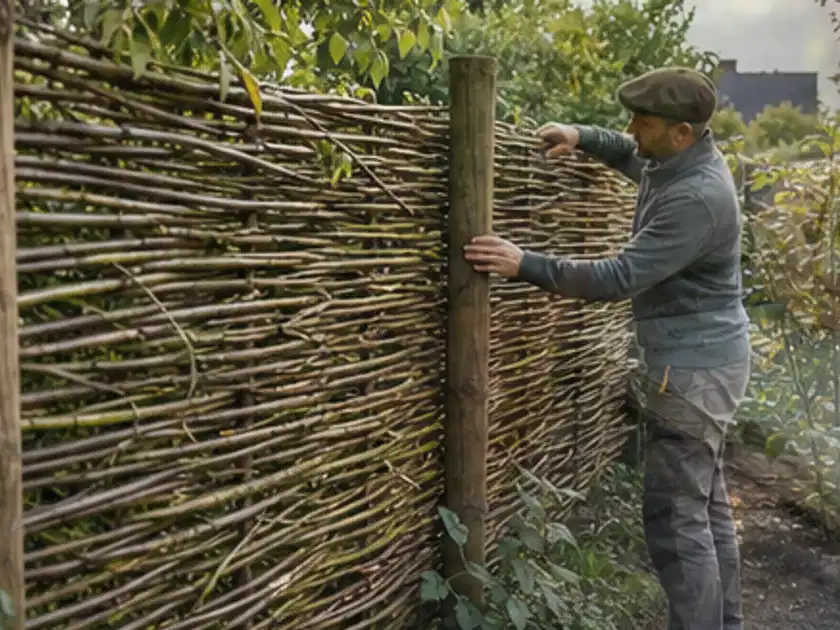 Person befestigt geflochtene Weidenruten an stabilen Holzpfosten im Garten; Thema Vorgarten, Schwerpunkt Pflegeleichtigkeit; Titelbild.