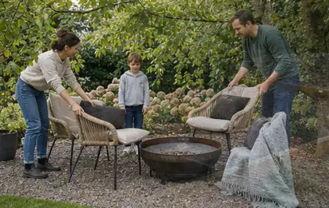 Familie stellt wetterfeste Sessel an einem geschützten Sitzplatz im Garten auf; Thema Vorgarten, Schwerpunkt Pflegeleichtigkeit; Kontrolle.