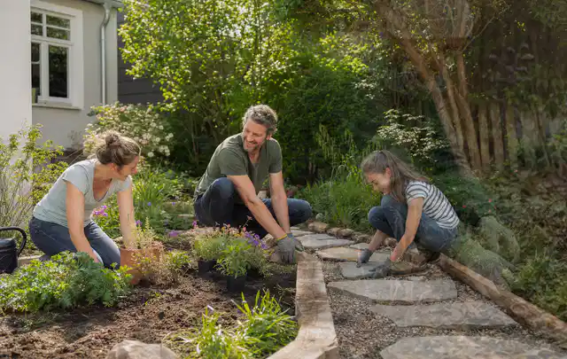 Familie geht auf einem Weg durch einen abwechslungsreich gestalteten Garten; Thema Vorgarten, Schwerpunkt Pflegeleichtigkeit; Ergebnis.