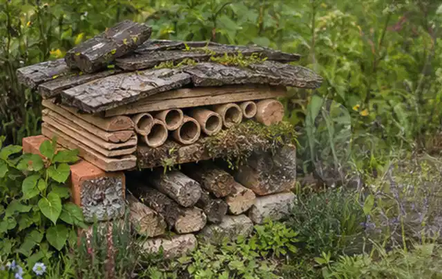 Naturnaher Unterschlupf aus Holz Rinde und Pflanzenstängeln im Garten; Thema Vorgarten, Schwerpunkt Pflegeleichtigkeit; Praxisalltag.
