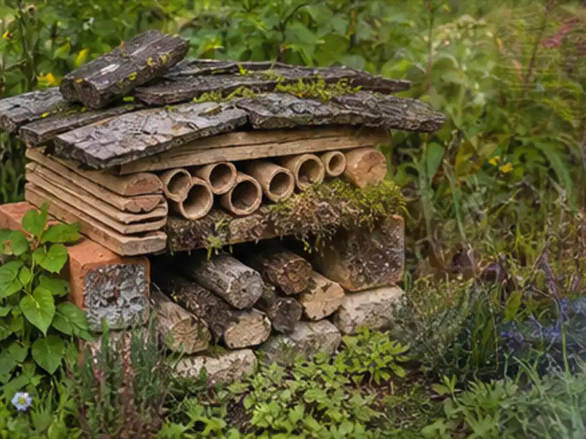 Naturnaher Unterschlupf aus Holz Rinde und Pflanzenstängeln im Garten; Thema Vorgarten, Schwerpunkt Planung; Titelbild.