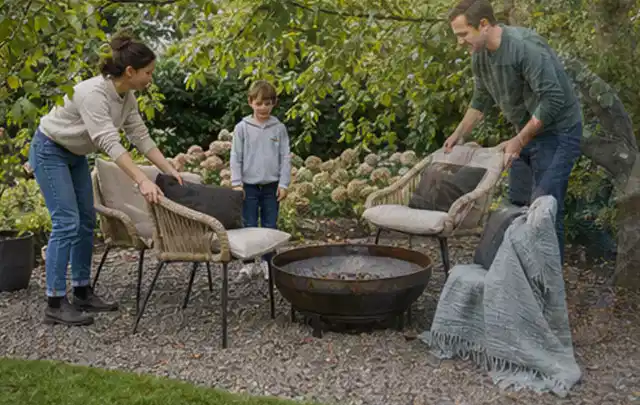Familie stellt wetterfeste Sessel an einem geschützten Sitzplatz im Garten auf; Thema Vorgarten, Schwerpunkt Planung; Umsetzung.