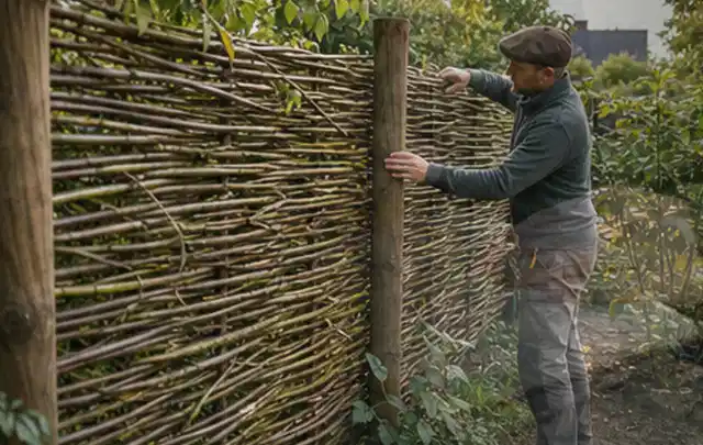 Person befestigt geflochtene Weidenruten an stabilen Holzpfosten im Garten; Thema Vorgarten, Schwerpunkt Planung; Praxisalltag.