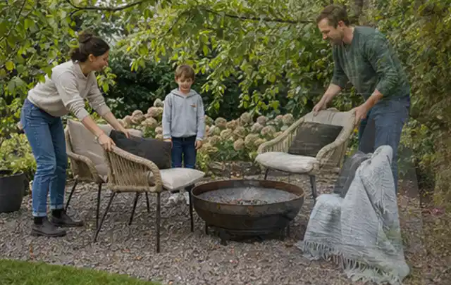 Familie stellt wetterfeste Sessel an einem geschützten Sitzplatz im Garten auf; Thema Vorgarten, Schwerpunkt Praxisbeispiele; Ausgangslage.