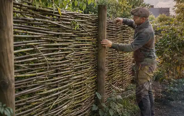 Person befestigt geflochtene Weidenruten an stabilen Holzpfosten im Garten; Thema Vorgarten, Schwerpunkt Praxisbeispiele; Ergebnis.