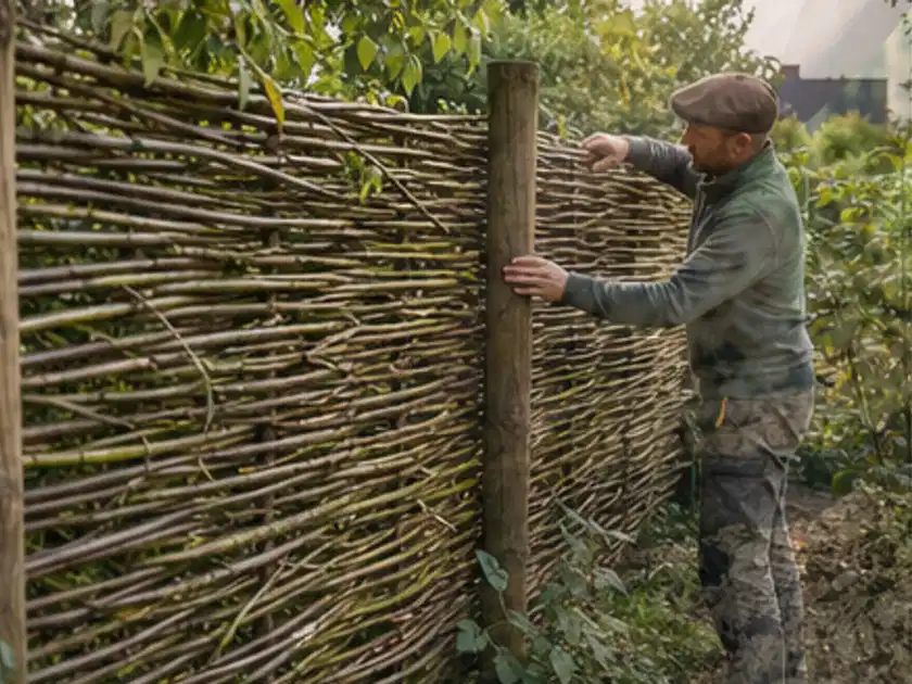 Person befestigt geflochtene Weidenruten an stabilen Holzpfosten im Garten; Thema Vorgarten, Schwerpunkt Privatsphäre; Titelbild.