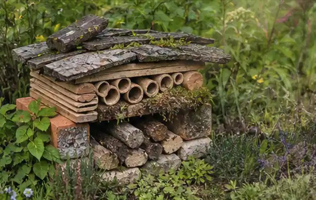 Naturnaher Unterschlupf aus Holz Rinde und Pflanzenstängeln im Garten; Thema Vorgarten, Schwerpunkt Privatsphäre; Ausgangslage.