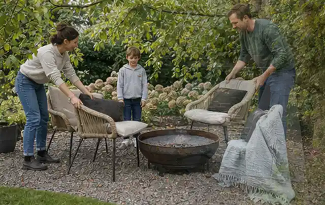 Familie stellt wetterfeste Sessel an einem geschützten Sitzplatz im Garten auf; Thema Vorgarten, Schwerpunkt Privatsphäre; Praxisalltag.