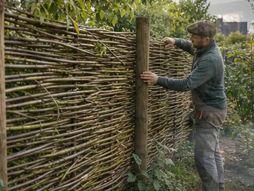 Person befestigt geflochtene Weidenruten an stabilen Holzpfosten im Garten; Thema Vorgarten, Schwerpunkt Wegeführung; Titelbild.