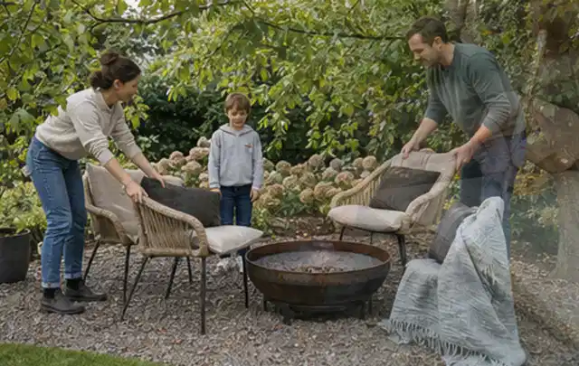 Familie stellt wetterfeste Sessel an einem geschützten Sitzplatz im Garten auf; Thema Vorgarten, Schwerpunkt Wegeführung; Ergebnis.