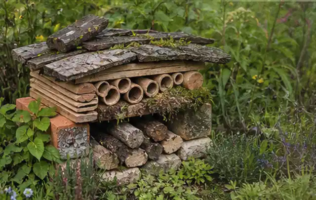 Naturnaher Unterschlupf aus Holz Rinde und Pflanzenstängeln im Garten; Thema Vorgarten, Schwerpunkt Wegeführung; Praxisalltag.