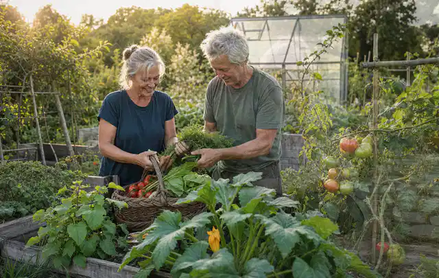 Zwei Personen ernten gemeinsam Gemüse in einem sonnigen Nutzgarten; Thema Walnuss, Schwerpunkt Aussaat; Praxisalltag.