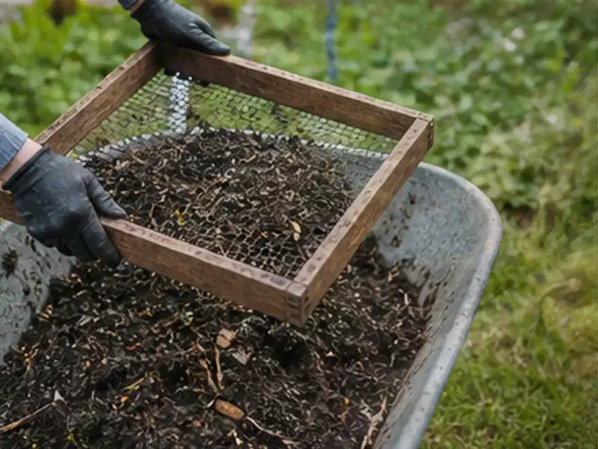 Behandschuhte Hände sieben reifen Kompost über einer Gartenschubkarre; Thema Walnuss, Schwerpunkt Balkongarten; Titelbild.