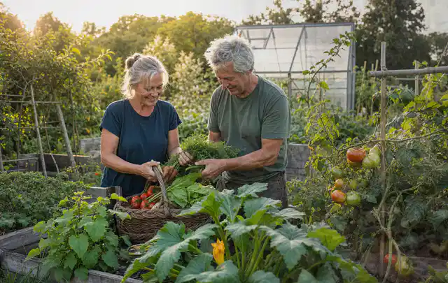 Zwei Personen ernten gemeinsam Gemüse in einem sonnigen Nutzgarten; Thema Walnuss, Schwerpunkt Gesundheit; Ergebnis.