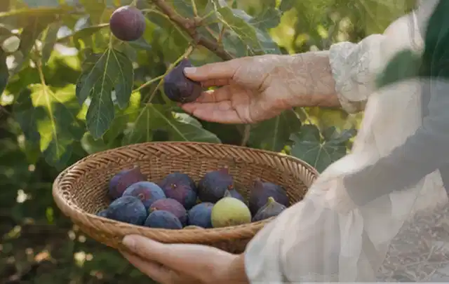 Hand pflückt eine reife Feige über einem flachen Korb mit Früchten; Thema Walnuss, Schwerpunkt Gewächshaus; Kontrolle.