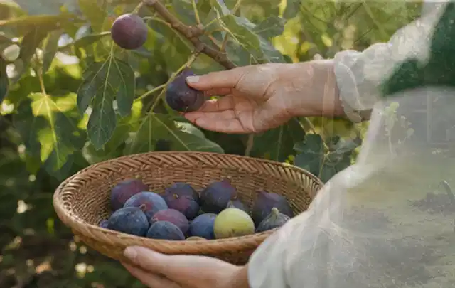 Hand pflückt eine reife Feige über einem flachen Korb mit Früchten; Thema Walnuss, Schwerpunkt Lagerung; Praxisalltag.