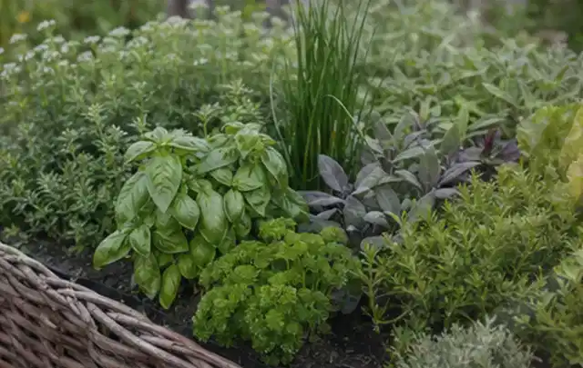 Dichtes Hochbeet mit Basilikum Schnittlauch Petersilie Salbei und weiteren Küchenkräutern; Thema Walnuss, Schwerpunkt Obst; Umsetzung.