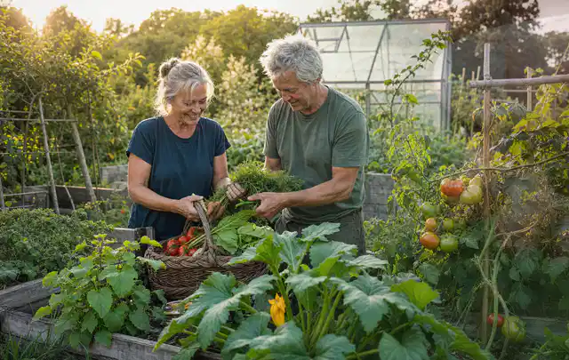 Zwei Personen ernten gemeinsam Gemüse in einem sonnigen Nutzgarten; Thema Walnuss, Schwerpunkt Saisonkalender; Kontrolle.
