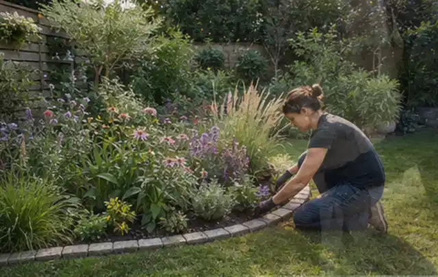 Person pflegt die klare Kante eines geschwungenen blühenden Staudenbeets; Thema Wege, Schwerpunkt Garten gestalten; Ausgangslage.