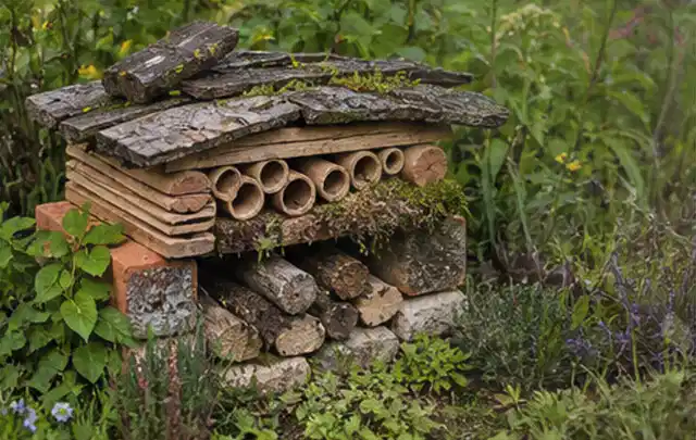 Naturnaher Unterschlupf aus Holz Rinde und Pflanzenstängeln im Garten; Thema Wege, Schwerpunkt Garten gestalten; Ergebnis.