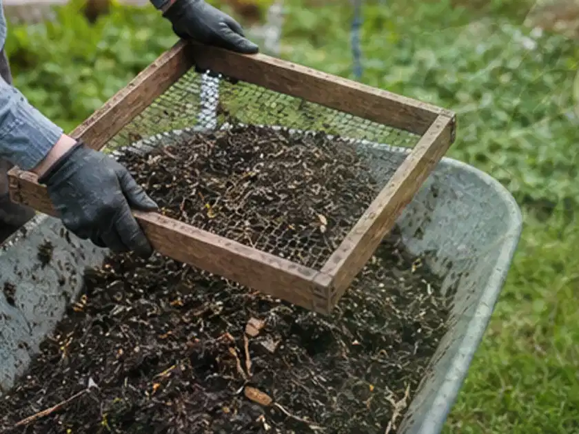 Behandschuhte Hände sieben reifen Kompost über einer Gartenschubkarre; Thema Weintrauben, Schwerpunkt Einsteigerwissen; Titelbild.
