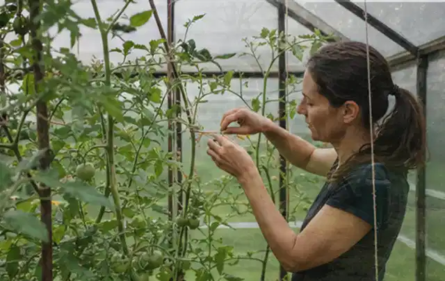 Person bindet junge Tomatentriebe in einem privaten Gewächshaus vorsichtig an; Thema Weintrauben, Schwerpunkt Obst; Ergebnis.