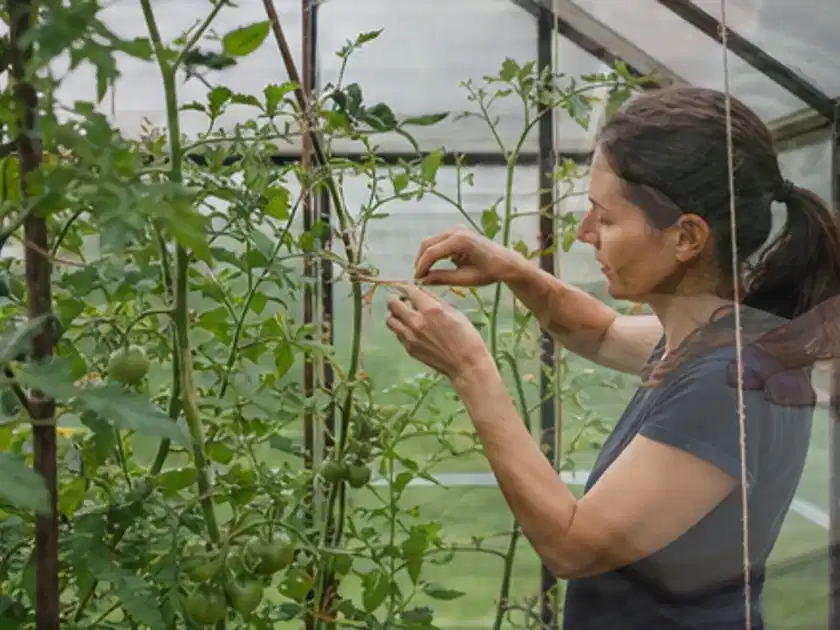 Person bindet junge Tomatentriebe in einem privaten Gewächshaus vorsichtig an; Thema Weintrauben, Schwerpunkt Pflanzung; Titelbild.