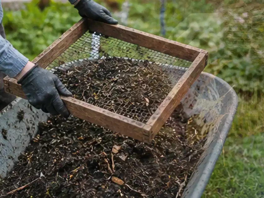 Behandschuhte Hände sieben reifen Kompost über einer Gartenschubkarre; Thema Weintrauben, Schwerpunkt Saisonkalender; Titelbild.