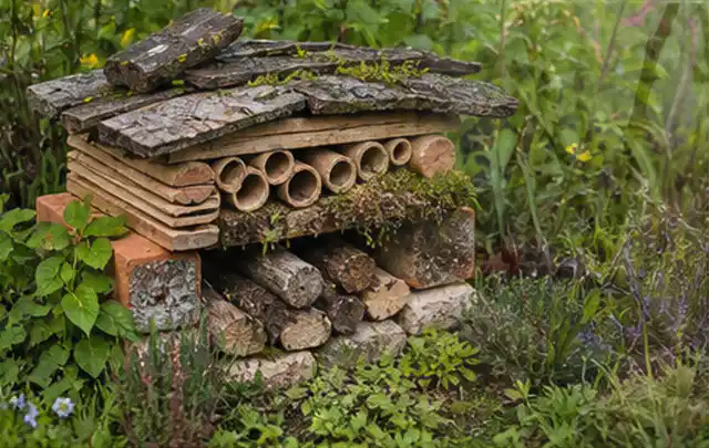 Naturnaher Unterschlupf aus Holz Rinde und Pflanzenstängeln im Garten; Thema Wespen, Schwerpunkt Bestimmung; Ausgangslage.