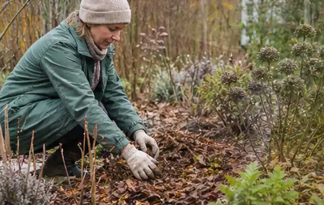 Person verteilt eine schützende Mulchschicht zwischen winterlichen Stauden; Thema Wespen, Schwerpunkt Biologie; Umsetzung.