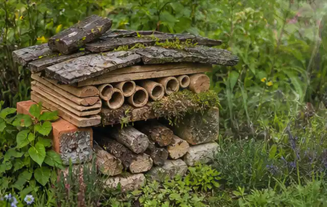 Naturnaher Unterschlupf aus Holz Rinde und Pflanzenstängeln im Garten; Thema Wespen, Schwerpunkt Biologie; Kontrolle.