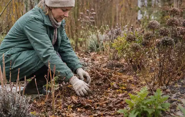 Person verteilt eine schützende Mulchschicht zwischen winterlichen Stauden; Thema Wespen, Schwerpunkt Fehlerhilfe; Kontrolle.