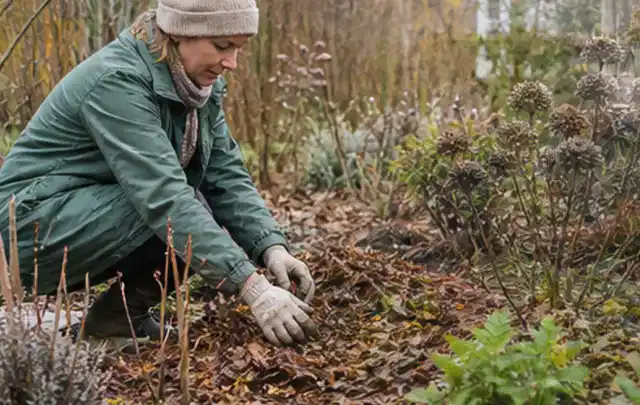 Person verteilt eine schützende Mulchschicht zwischen winterlichen Stauden; Thema Wespen, Schwerpunkt Saison; Umsetzung.