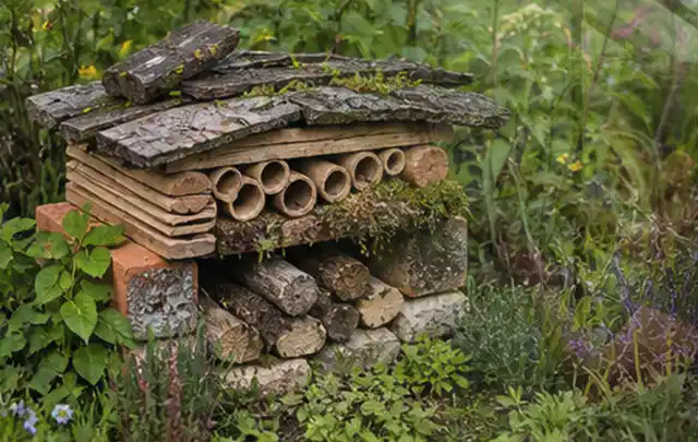Naturnaher Unterschlupf aus Holz Rinde und Pflanzenstängeln im Garten; Thema Wespen, Schwerpunkt Saison; Ergebnis.