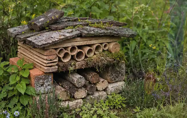 Naturnaher Unterschlupf aus Holz Rinde und Pflanzenstängeln im Garten; Thema Wespen, Schwerpunkt Schadbild; Ergebnis.