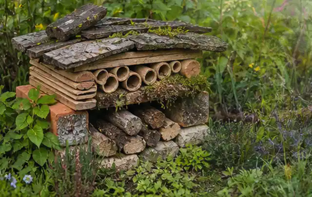 Naturnaher Unterschlupf aus Holz Rinde und Pflanzenstängeln im Garten; Thema Wespen, Schwerpunkt Schädlinge Krankheiten; Kontrolle.