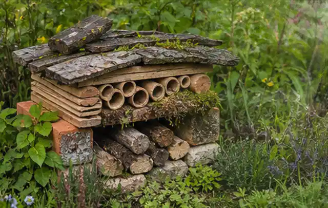 Naturnaher Unterschlupf aus Holz Rinde und Pflanzenstängeln im Garten; Thema Wespen, Schwerpunkt Soforthilfe; Praxisalltag.