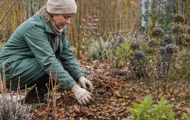 Person verteilt eine schützende Mulchschicht zwischen winterlichen Stauden; Thema Wespen, Schwerpunkt Ursachen; Kontrolle.