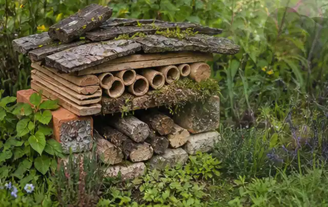 Naturnaher Unterschlupf aus Holz Rinde und Pflanzenstängeln im Garten; Thema Wespen, Schwerpunkt Ursachen; Praxisalltag.