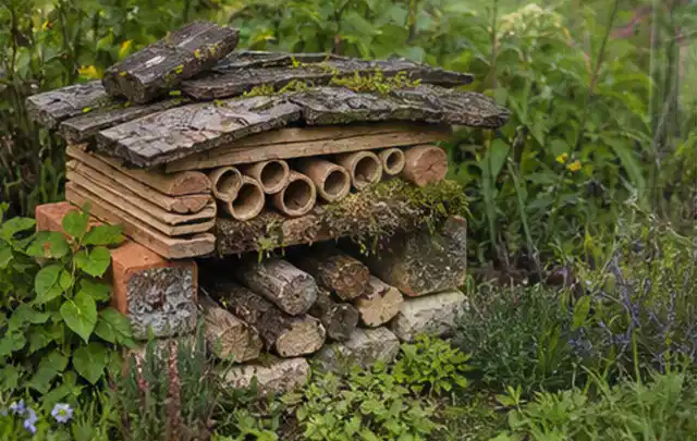 Naturnaher Unterschlupf aus Holz Rinde und Pflanzenstängeln im Garten; Thema Wespen, Schwerpunkt Vorbeugung; Umsetzung.
