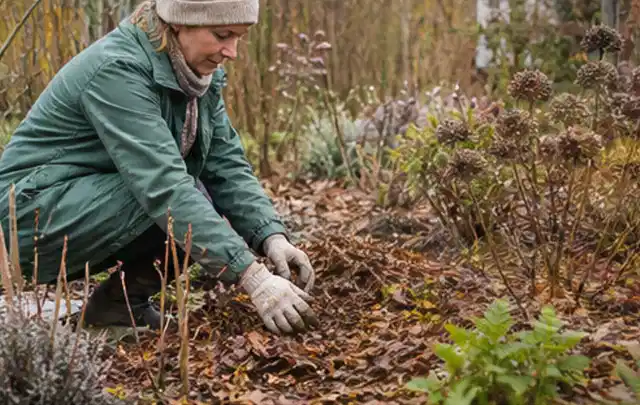 Person verteilt eine schützende Mulchschicht zwischen winterlichen Stauden; Thema Wespen, Schwerpunkt Vorbeugung; Ergebnis.